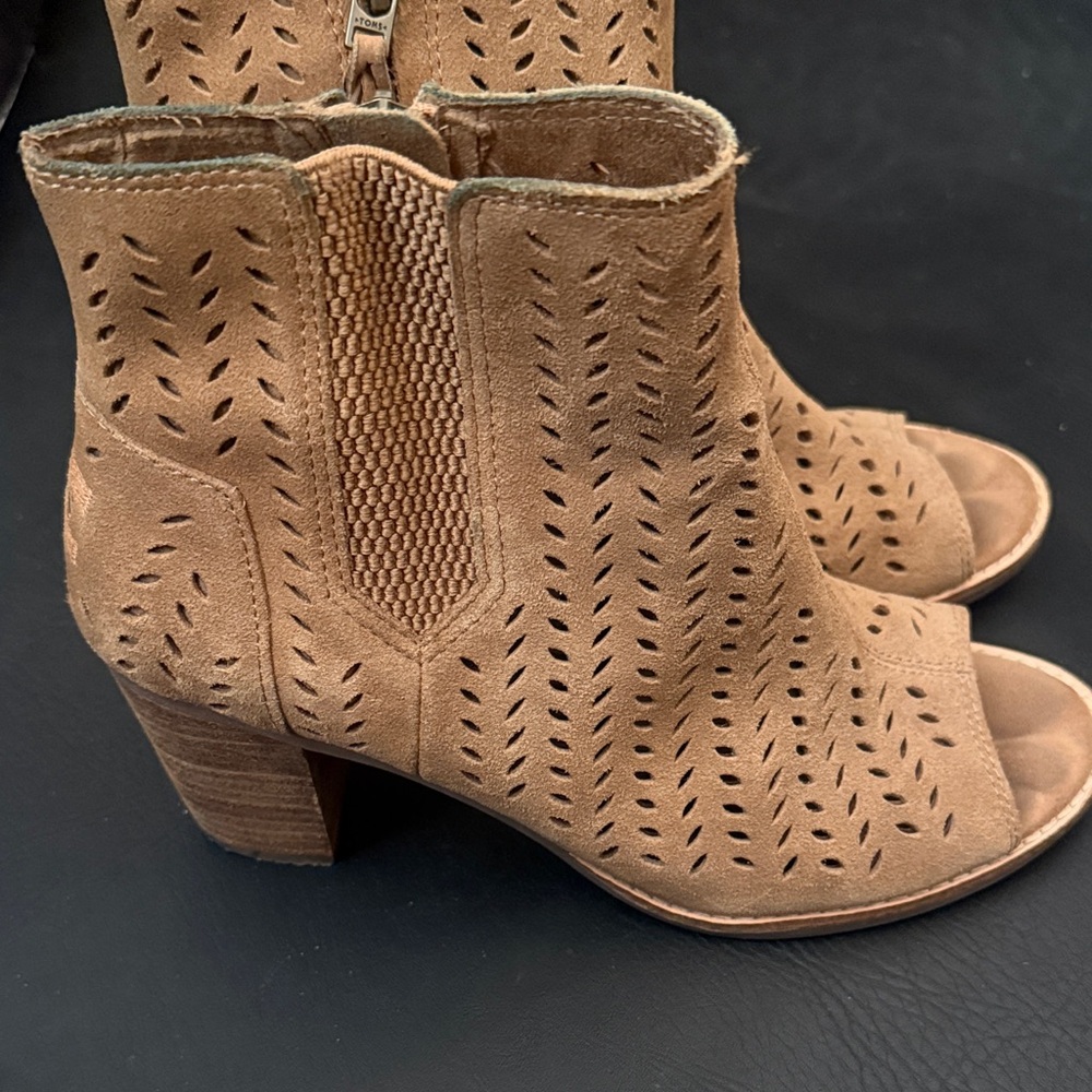 TOMS Suede Peep-Toe Ankle Booties in Tan - Women's